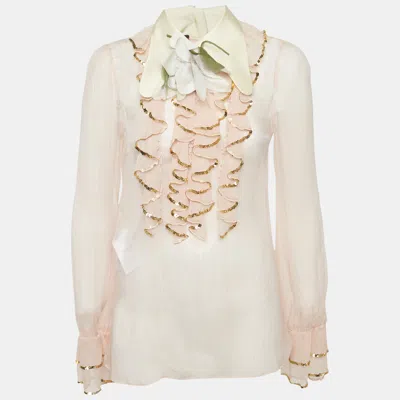 Pre-owned Gucci Pink Sequin Ruffled Silk Floral Detail Sheer Shirt M