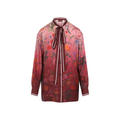 Gucci Bordeaux Shirt With Collar With Bow And All-over Flora Print In Silk Woman In Multi