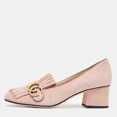Pre-owned Gucci Pink Suede Double G Block Heel Pumps Size 39.5