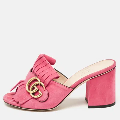 Pre-owned Gucci Pink Suede Double G Fringe Details Block Heel Slide Sandals Size 35