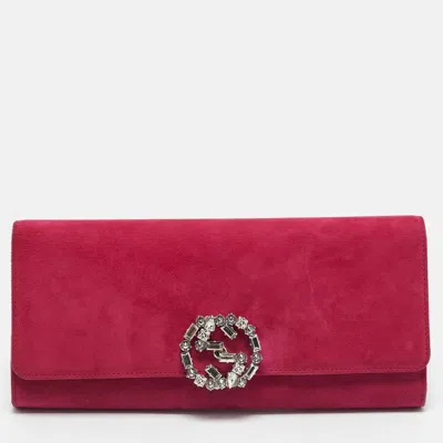 Pre-owned Gucci Pink Suede Interlocking Crystals Broadway Clutch