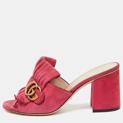Pre-owned Gucci Pink Suede Leather Gg Marmont Fringe Slide Sandals Size 38.5