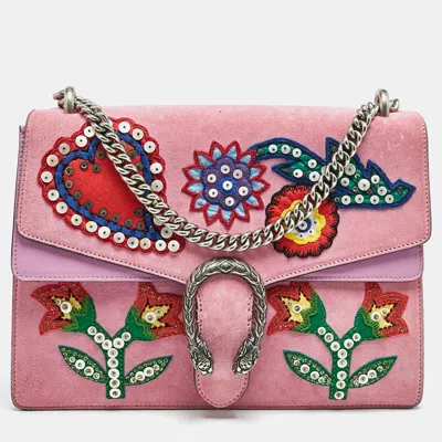 Pre-owned Gucci Pink Suede Medium Patched Embellished Dionysus Shoulder Bag