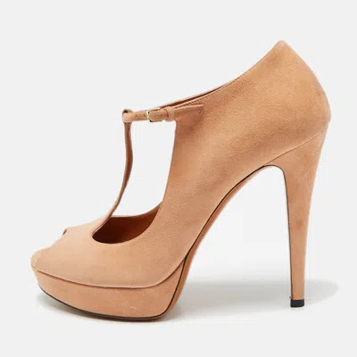Pre-owned Gucci Pink Suede Peep Toe Platform T-strap Pumps Size 38 In Beige