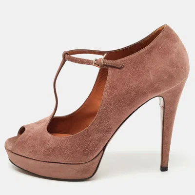 Pre-owned Gucci Pink Suede Peep Toe Platform T-strap Pumps Size 39