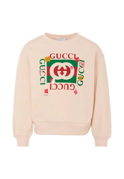 GUCCI PINK SWEATSHIRT FOR GIRL WITH LOGO AND FLOWERS