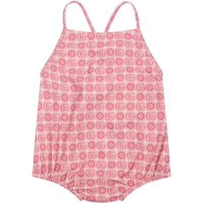 Gucci Pink Swimsuit For Baby Girl With A Double G Geometric Motif