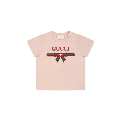 Gucci Pink T-shirt For Baby Girl With Gg Cross And Web Motif