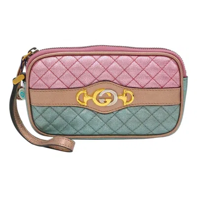 Pre-owned Gucci Pink Teal Mini Metallic Laminated Trapuntata Leather Horsebit Clutch Pouch