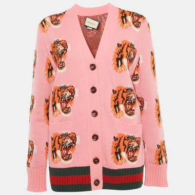 Pre-owned Gucci Pink Tiger Intarsia Wool Oversized Cardigan S