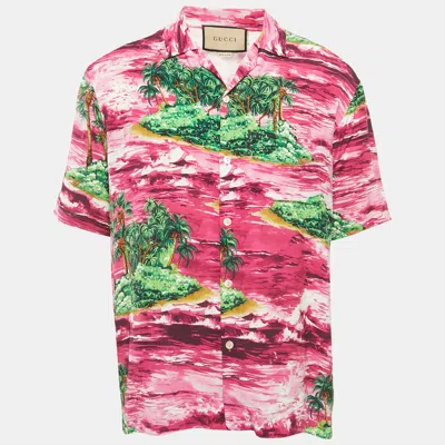 Pre-owned Gucci Pink Tropical Print Crepe Button Front Boxy Fit Shirt M