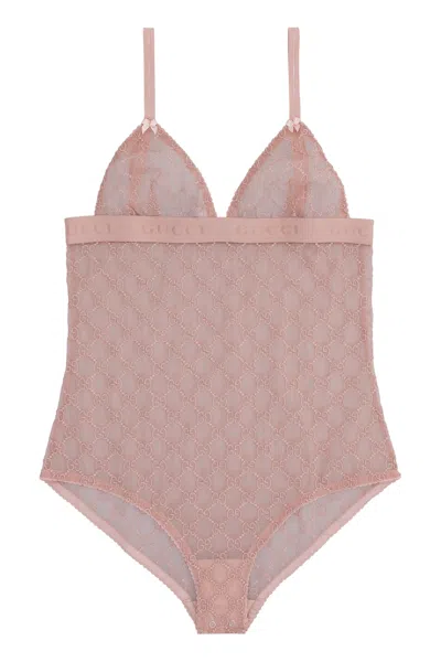 Gucci Pink Tulle Bodysuit With Logo Detail Elastic Band