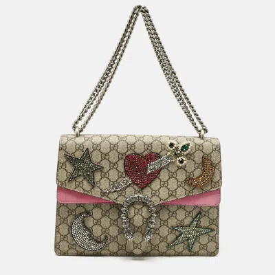 Pre-owned Gucci Pink/beige Gg Supreme Canvas And Suede Medium Crystals Embellished Dionysus Shoulder Bag