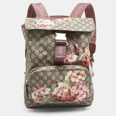 Pre-owned Gucci Pink/beige Gg Supreme Canvas Blooms Drawstring Bakcpack