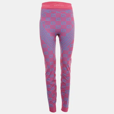 Pre-owned Gucci Pink/blue Gg Jacquard Technical Jersey Leggings M