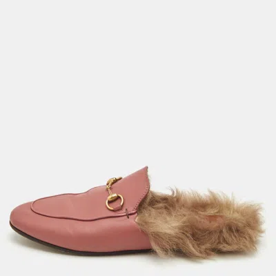 Pre-owned Gucci Pink/brown Leather And Fur Princetown Flat Mules Size 38