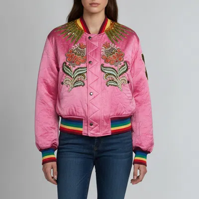 Pre-owned Gucci Pink/green Nylon Embellished Bomber Jacket S