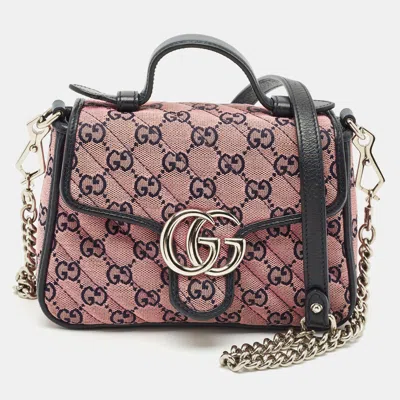 Pre-owned Gucci Pink/navy Blue Diagonal Matelassé Gg Canvas Mini Gg Marmont Top Handle Bag