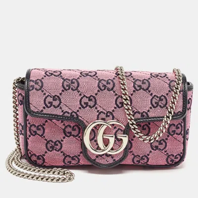 Pre-owned Gucci Pink/navy Blue Matelasse Diagonal Gg Canvas Gg Marmont Super Mini Shoulder Bag