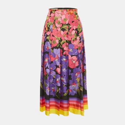Pre-owned Gucci Pink/purple Floral Print Silk Pleated Midi Skirt M