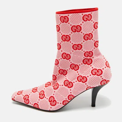 Pre-owned Gucci Pink/red Gg Stretch Fabric Mid Calf Boots Size 36