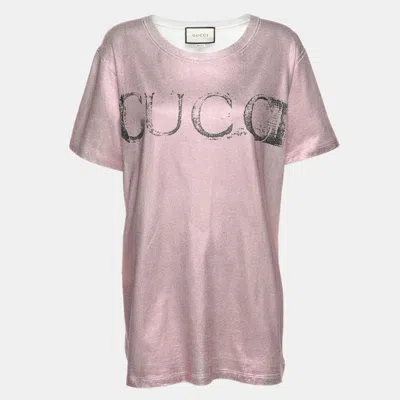 Pre-owned Gucci Pink/white Glitter Jersey Logo Print T-shirt S