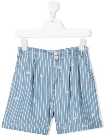 Gucci Kids' Pinstriped Logo Denim Shorts In Blue