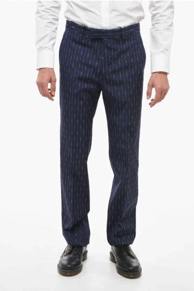 Gucci Pinstriped Wool Pants With Morset Motif In Blue