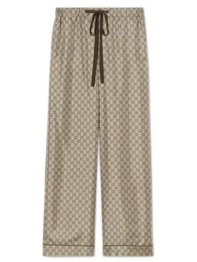 Gucci Piped Waist Silk Pants With Gg Print In Brown