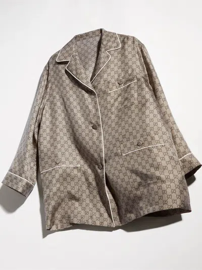 Gucci Piping Trim Silk Shirt With Gg Print, Open Collar & Front Pockets In Neutral