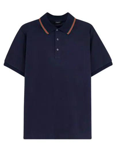 Gucci Pique Cotton Polo T-shirt With Web Ribbon Collar Trim And Side Vents In Blue