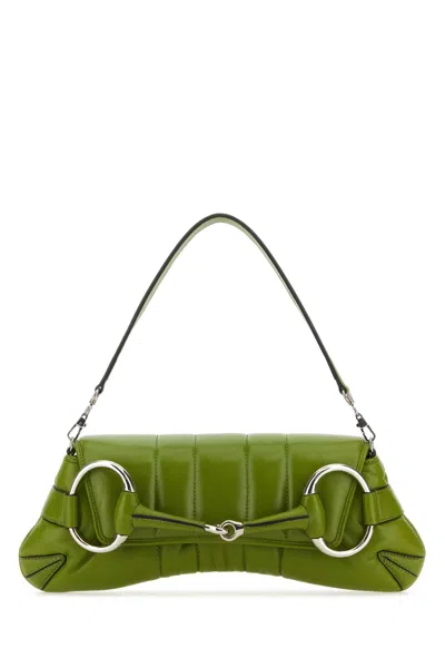 Gucci Pistachio Green Leather Medium  Horsebit Chain Clutch In 3506