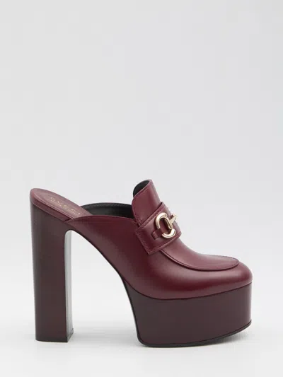 Gucci Platform Mules With Horsebit In Burgundy