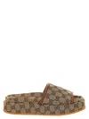 Gucci Women Beige Sandals With Leather Finishes And All-over Gg Motif In Fabric Woman In Brown