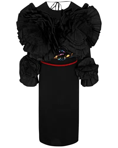 Gucci Pleated Ruffled Floral Long Sleeve Dress In Black