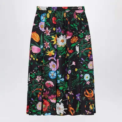 Gucci Pleated Midi Skirt In Silk Twill With Flora Print In Multi