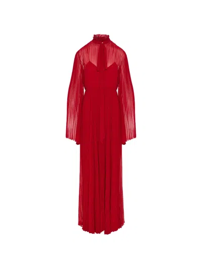 Gucci Pleated Pussy-bow Long-sleeved Maxi Dress In Red