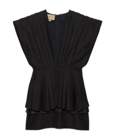 Gucci Pleated Wool Mini Dress In Black