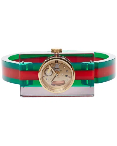 Gucci Plexi Web Green Red 143 Skeleton Dial Rectangular Frame Watch In Pink