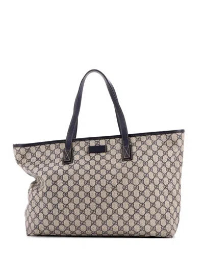 Pre-owned Gucci Plus Gg Coated Canvas With Leather Large Tote Bag In Blue