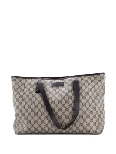 Pre-owned Gucci Plus Gg Coated Canvas With Leather Large Tote Bag In Brown