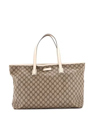 Pre-owned Gucci Plus Gg Coated Canvas With Leather Large Tote Bag In Brown