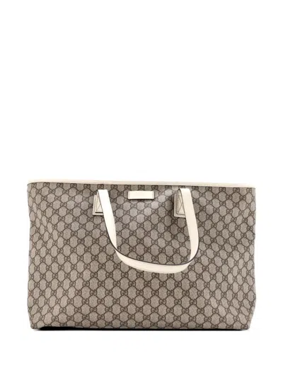Pre-owned Gucci Plus Gg Coated Canvas With Leather Large Tote Bag In Brown