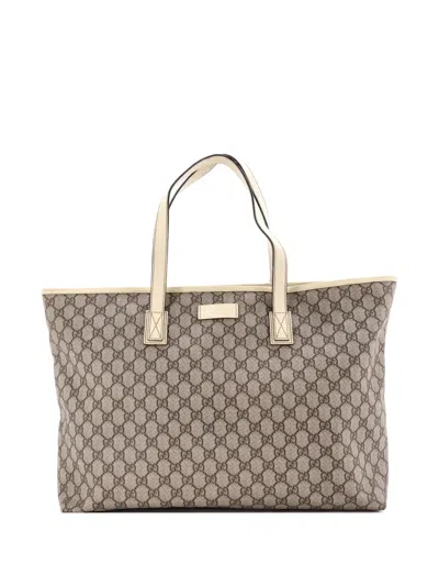 Pre-owned Gucci Plus Gg Coated Canvas With Leather Large Tote Bag In Brown