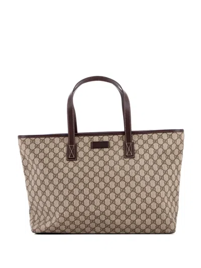 Pre-owned Gucci Plus Gg Coated Canvas With Leather Large Tote Bag In Brown