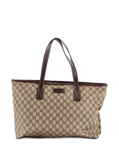 Pre-owned Gucci Plus Gg Coated Canvas With Leather Medium Tote Bag In Brown
