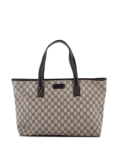 Pre-owned Gucci Plus Gg Coated Canvas With Leather Medium Tote Bag In Brown