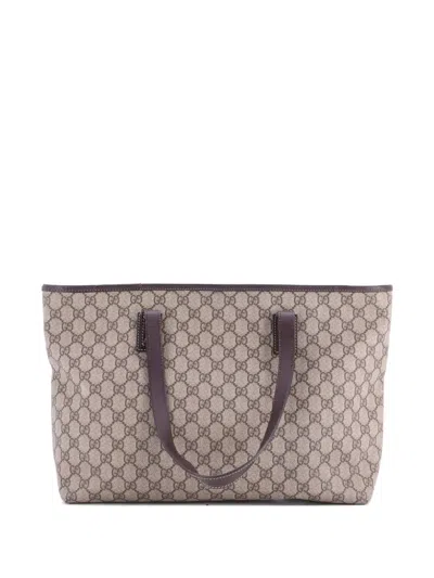 Pre-owned Gucci Plus Gg Coated Canvas With Leather Medium Tote Bag In Brown