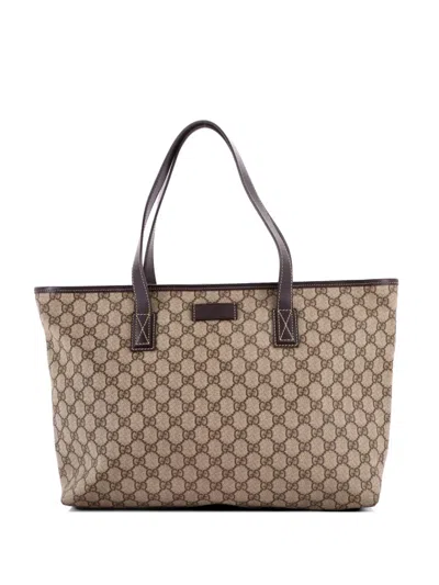 Pre-owned Gucci Plus Gg Coated Canvas With Leather Medium Tote Bag In Brown
