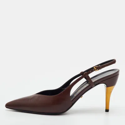 Pre-owned Gucci Pointed Toe Size 37.5 Brown Leather Slingback Pumps